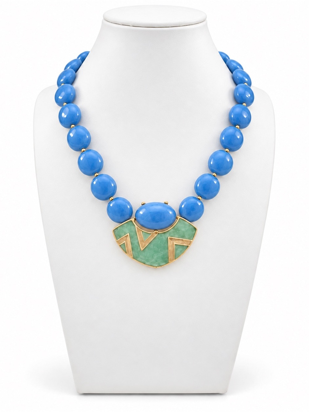 Vintage Trifari Blue Bead Statement Necklace Green Art Deco Pendant Signed
